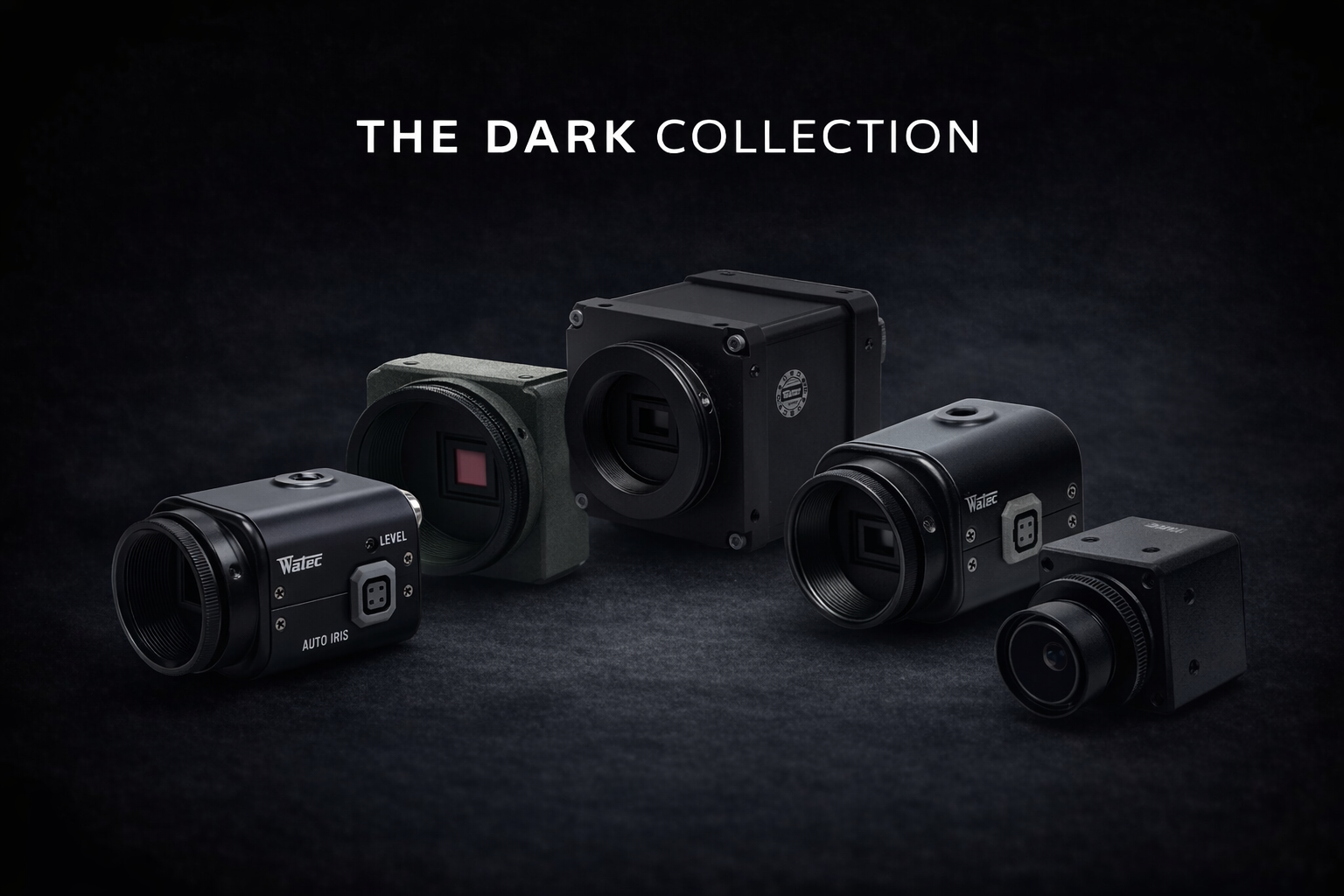Watec ultra-low-light cameras from the Dark Collection arranged in a cinematic lineup on a dark background