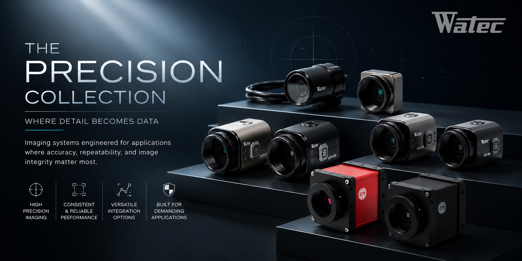 The Precision Collection by Watec featuring scientific imaging, machine vision, industrial inspection, and precision camera systems arranged on a technical display platform.