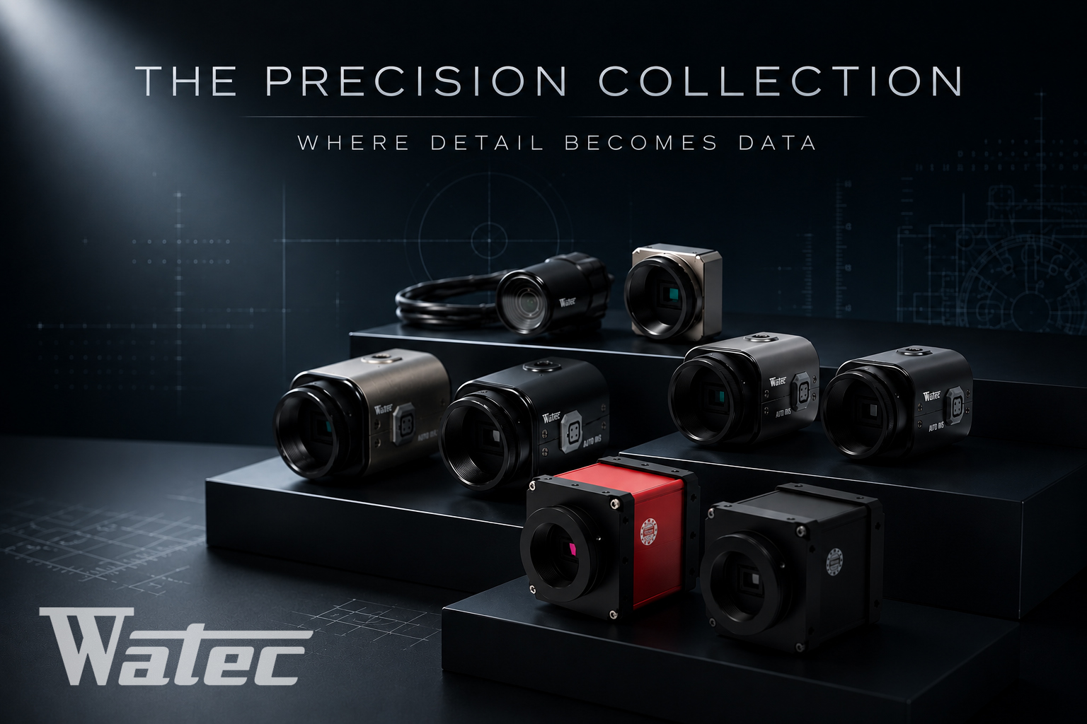 The Precision Collection by Watec featuring industrial, scientific, machine vision, and precision imaging cameras displayed in a high-tech laboratory-inspired environment.
