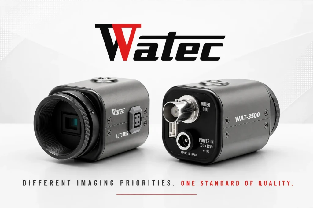 Watec color and monochrome cameras displayed together, representing different imaging priorities and camera selection based on application requirements.