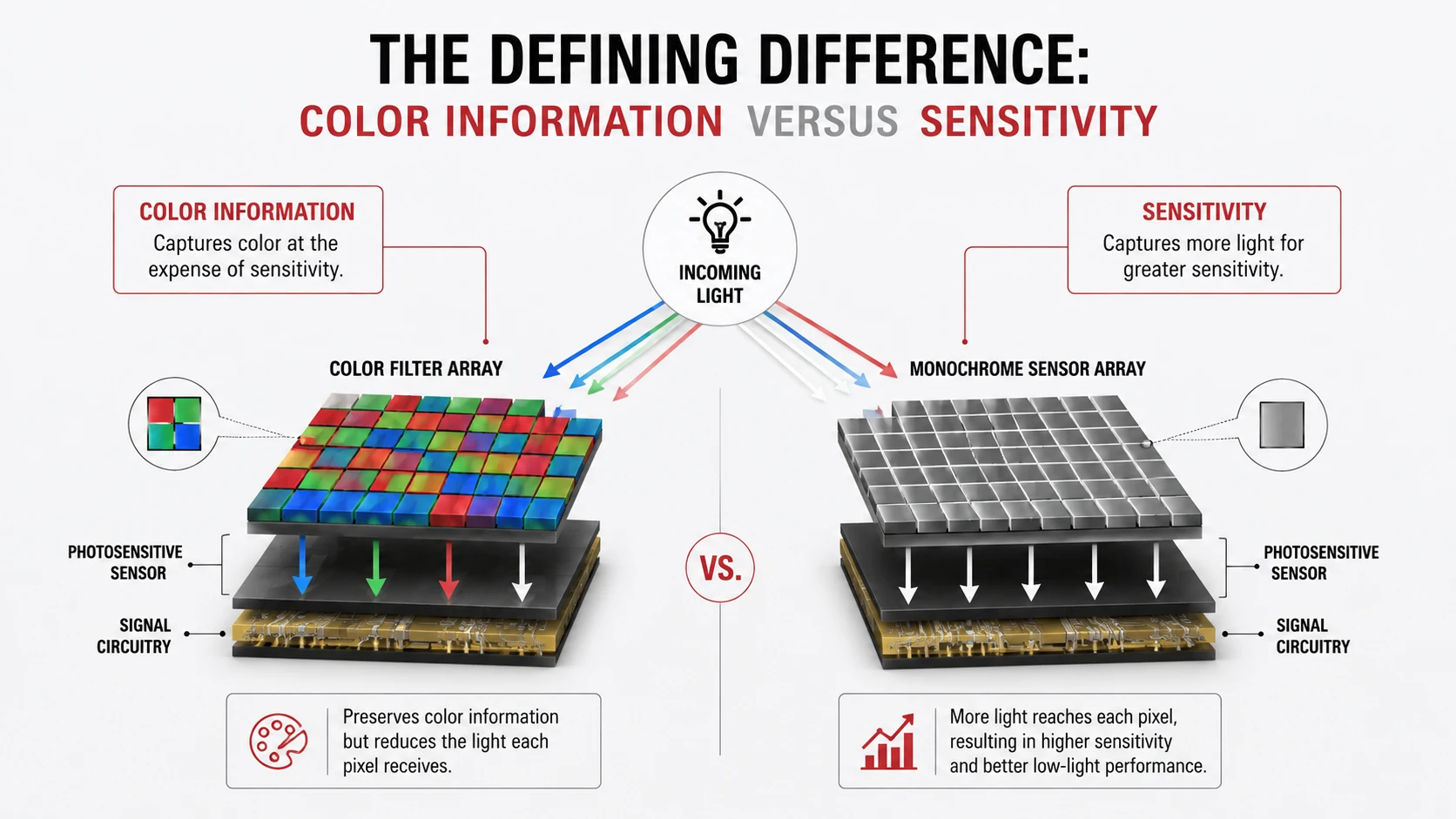 Technical illustration comparing a color sensor filter array with a monochrome sensor array to explain the relationship between color information and light sensitivity in low-light imaging.