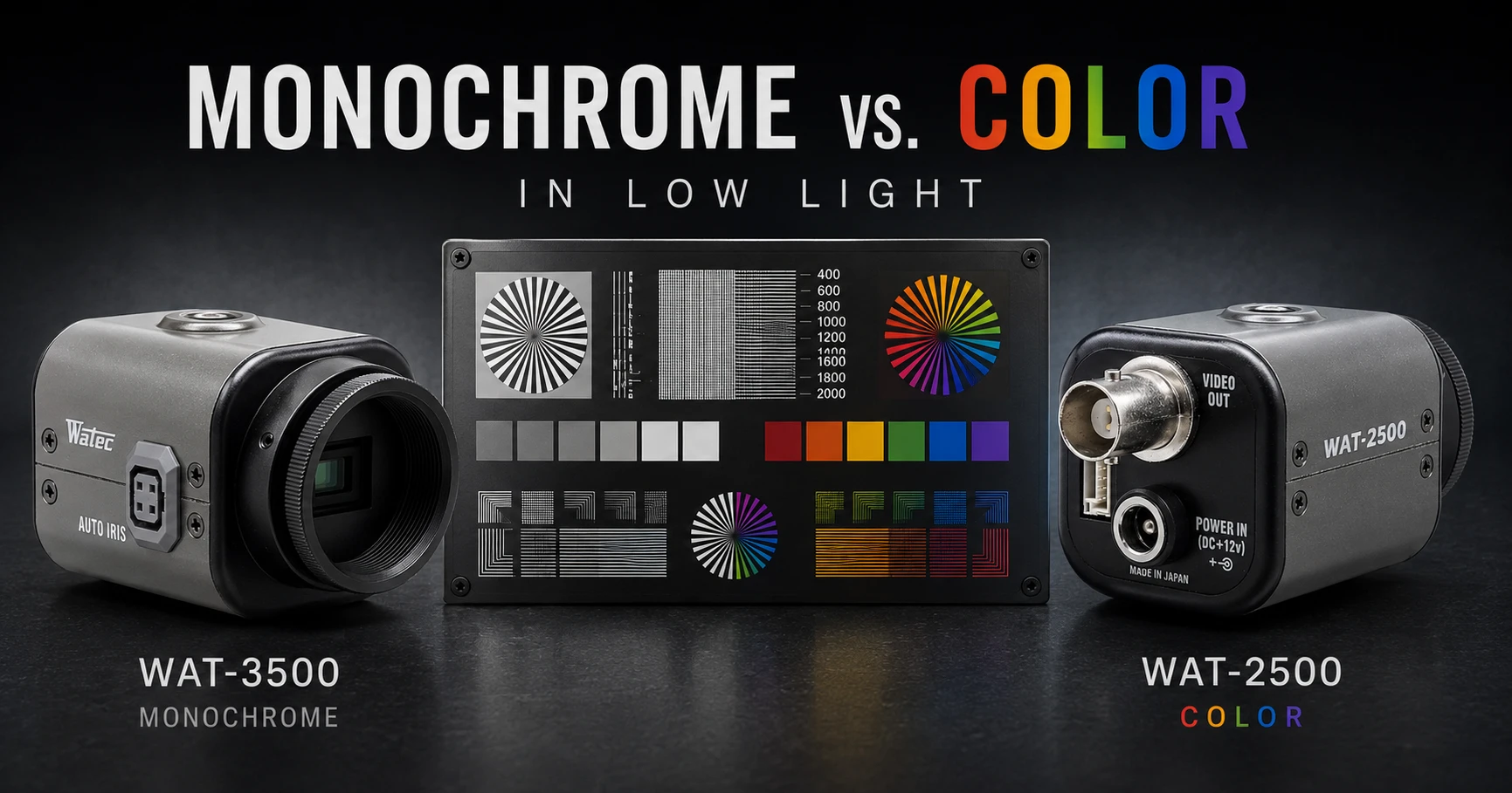 Watec WAT-3500 monochrome camera and WAT-2500 color camera positioned beside a technical resolution and color test chart for a low-light imaging comparison.