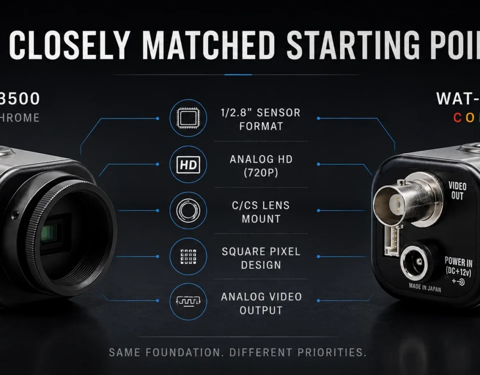 Watec WAT-3500 monochrome and WAT-2500 color cameras shown side by side with shared imaging specifications, illustrating their closely matched starting point.