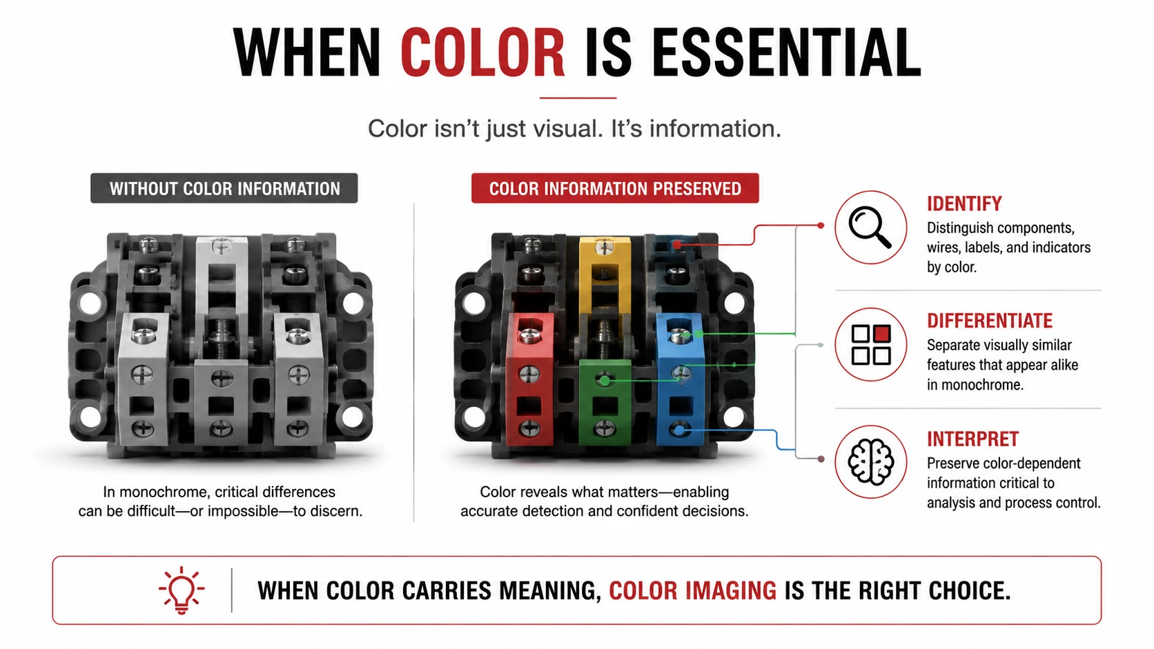 Technical graphic comparing monochrome and color information, illustrating how color can help identify, differentiate, and interpret important visual features.