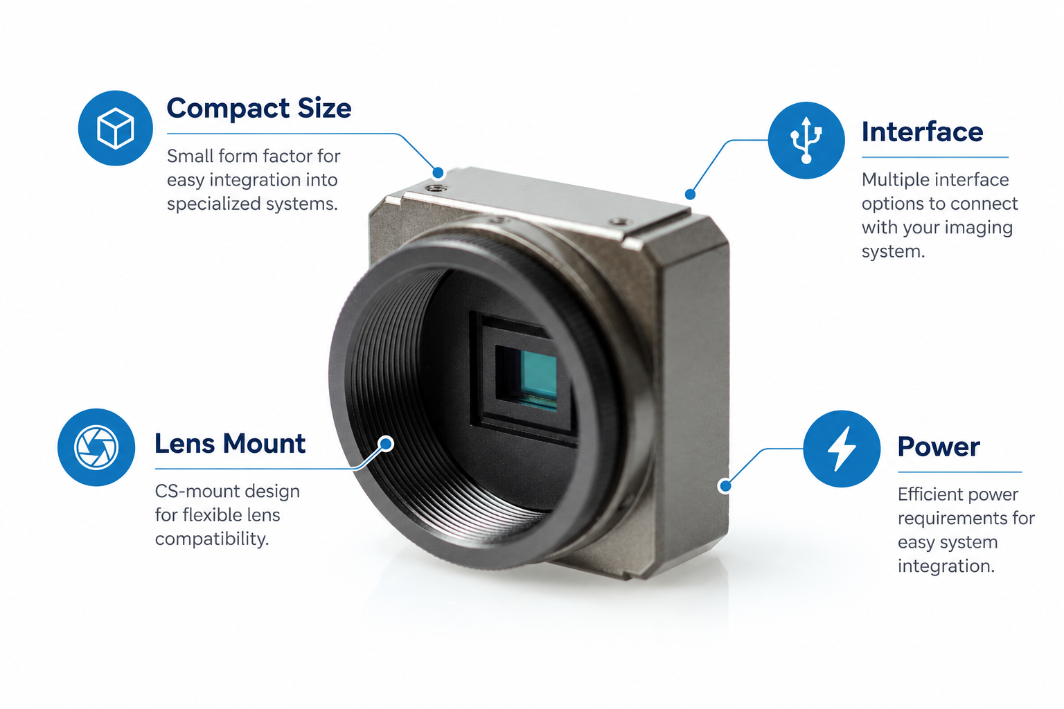 Watec compact camera highlighting size, lens mount, interface, and power considerations for scientific and research imaging